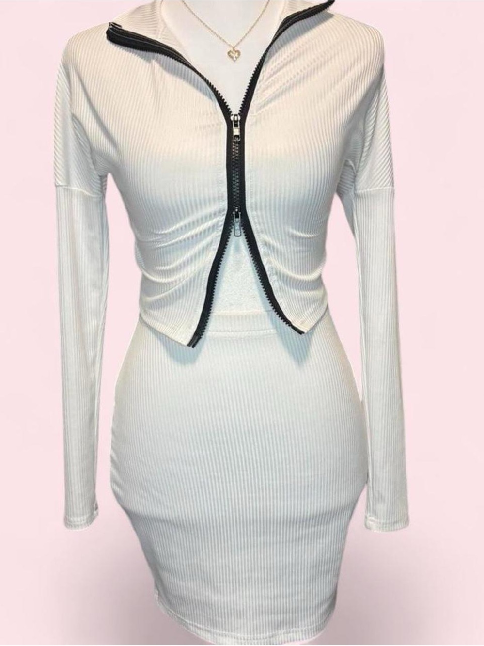 Ribbed White Zip-Front Bodycon 2 piece